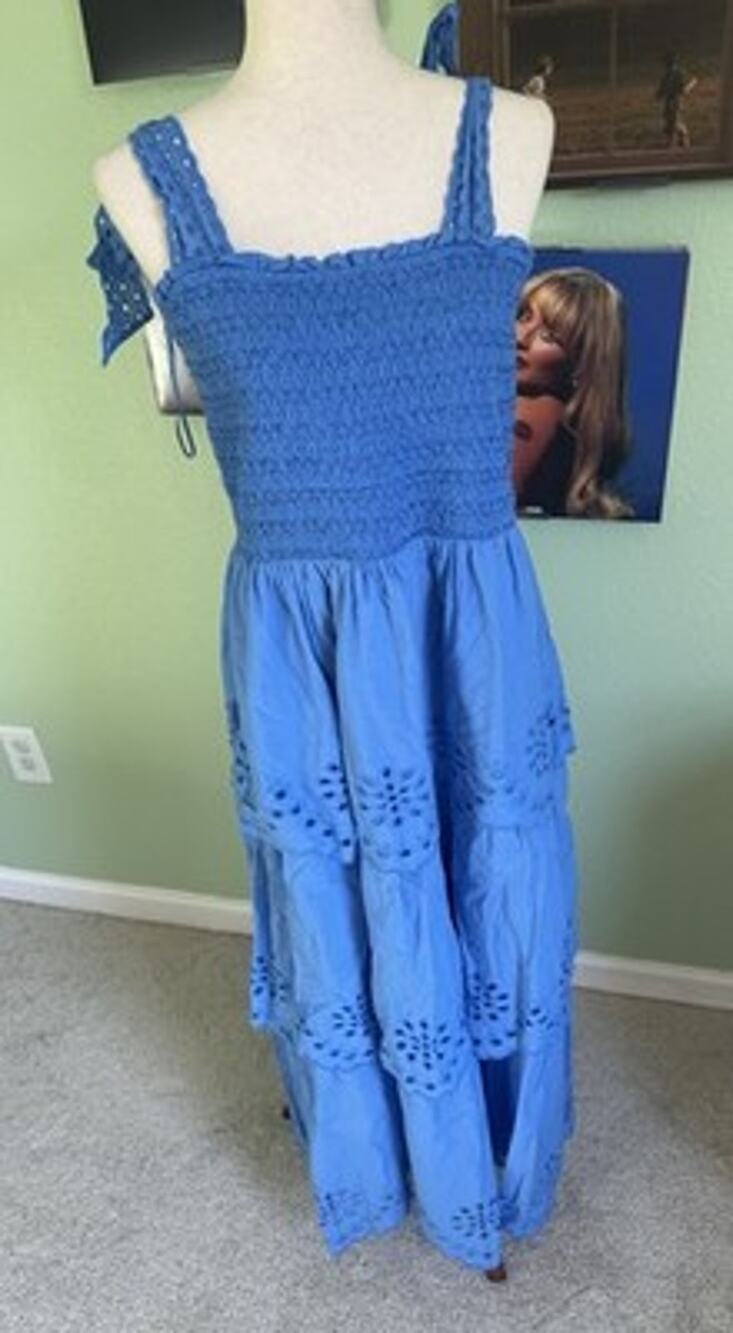 Crown & Ivy Blue Eyelet Tiered Smocked Maxi Dress Size XL Tie Strap Cottagecore